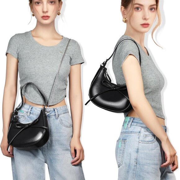 Shoulder Bag for Women - Bow Clutch Purse PU Leather, Removable Chain Crossbody - Picture 3 of 7